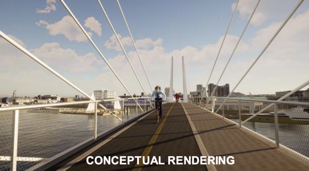 Conceptual rendering of bicyclist on Oakland-Alameda Estuary Bridge