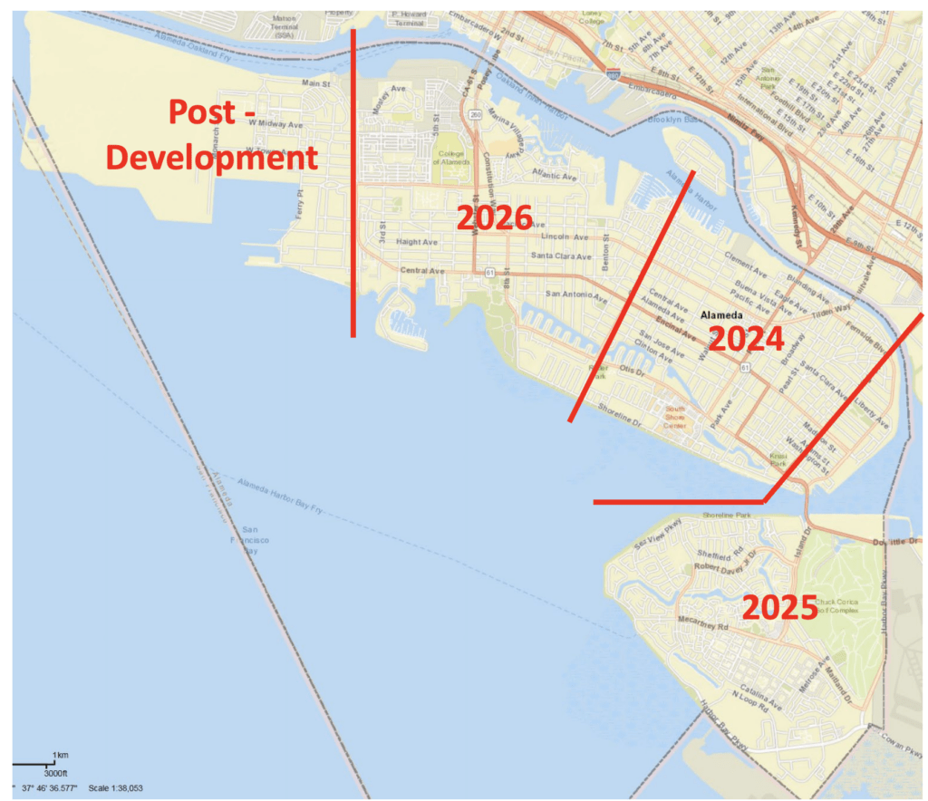 Map of the City's paving plan for 2024-2026. The city is divided into four parts. Bay Farm and East End in 2025, Central to East End in 2024, and the West End in 2026. The former Navy base is labeled as "Post-development"