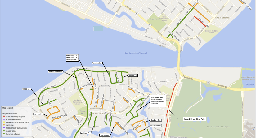 Phase 43 Project map 1 highlighting the streets selected on the east end of Alameda and North Bay Farm/Harbor Bay 