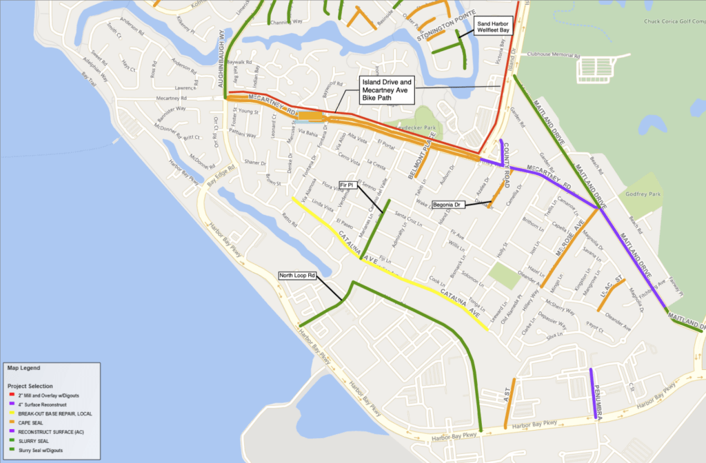 Phase 43 Project map  highlighting the streets selected South of the Lagoons, including Mecartney Rd.